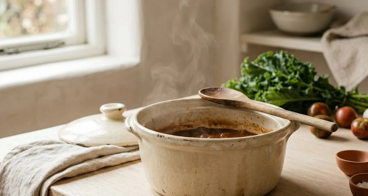 Кастрюля с деревянной ложкой и лёгким паром – сцена домашней готовки