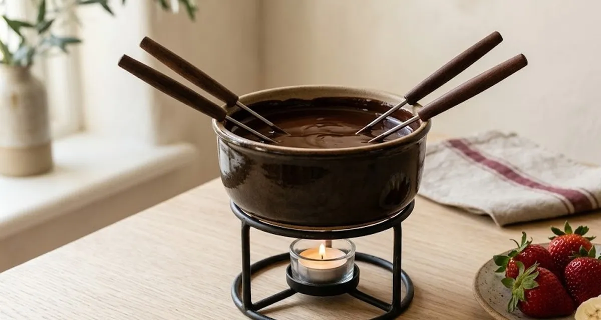 Керамическая чаша мягко держит сыр и шоколад, для мясного фондю на масле нужна металлическая.