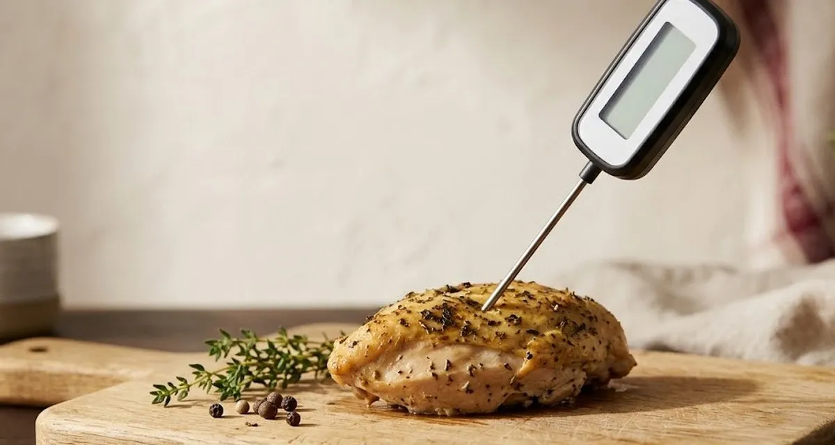 Показывает температуру внутри мяса за пару секунд, чтобы курица дошла до 74–75 °C.